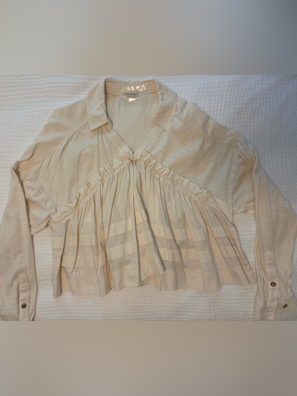 Pilcro Cream Ruffle-Front Collared Blouse